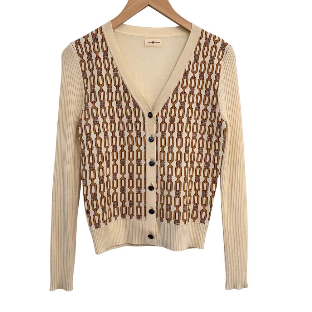 Tory Burch Merino Jacquard Print Cardigan Merino Wool Women’s Sz XS Quiet Luxury